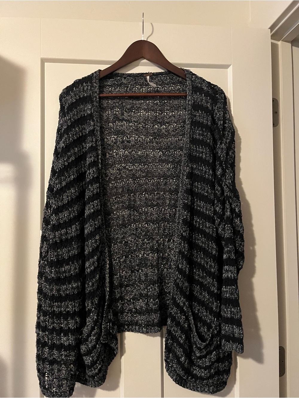 Free People Black and Gray Striped Open-Front Cardigan